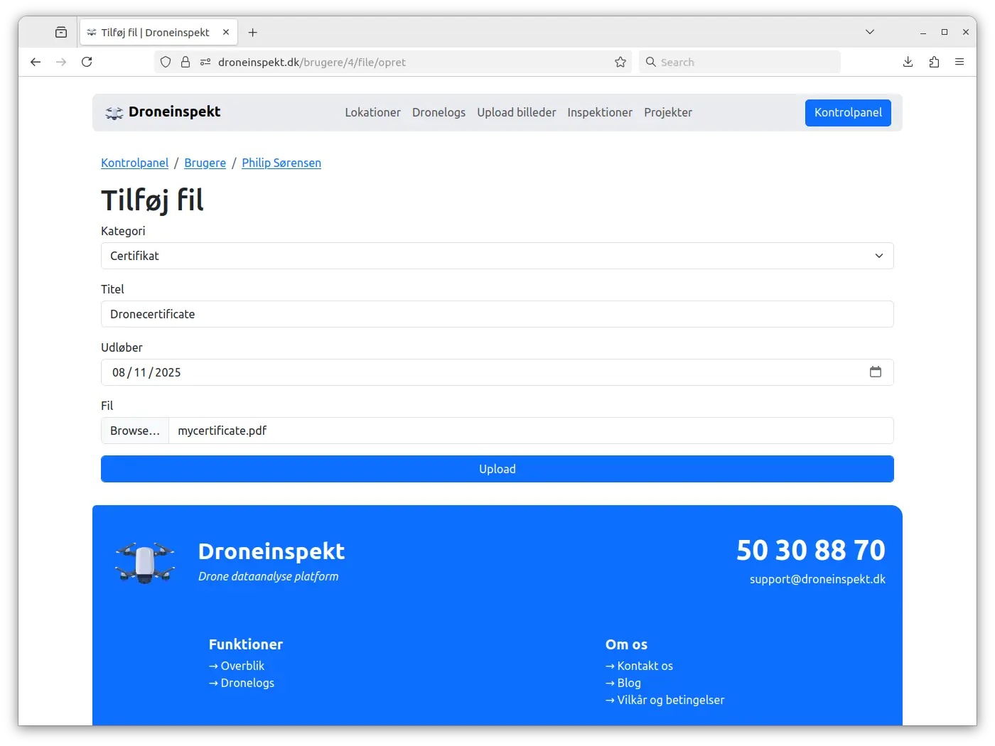 Upload dronecertifikater på dine piloter og vælg udløbsdatoen.
