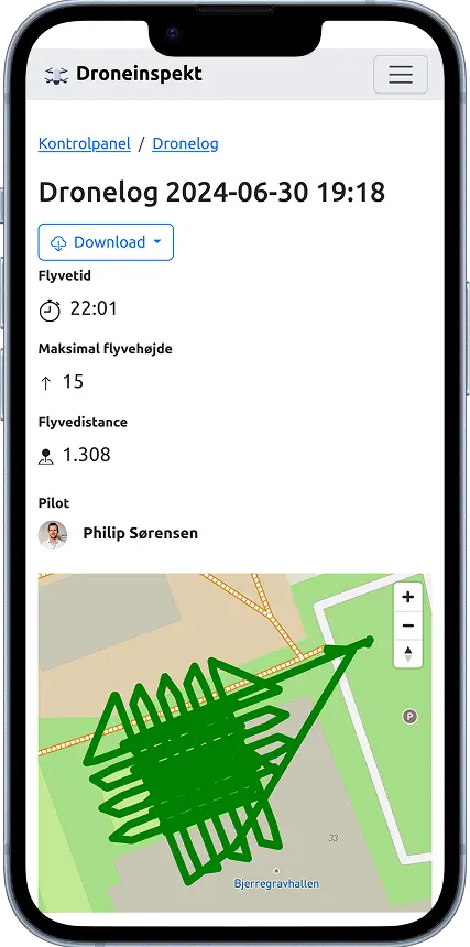 Dronelog som vist på en telefon