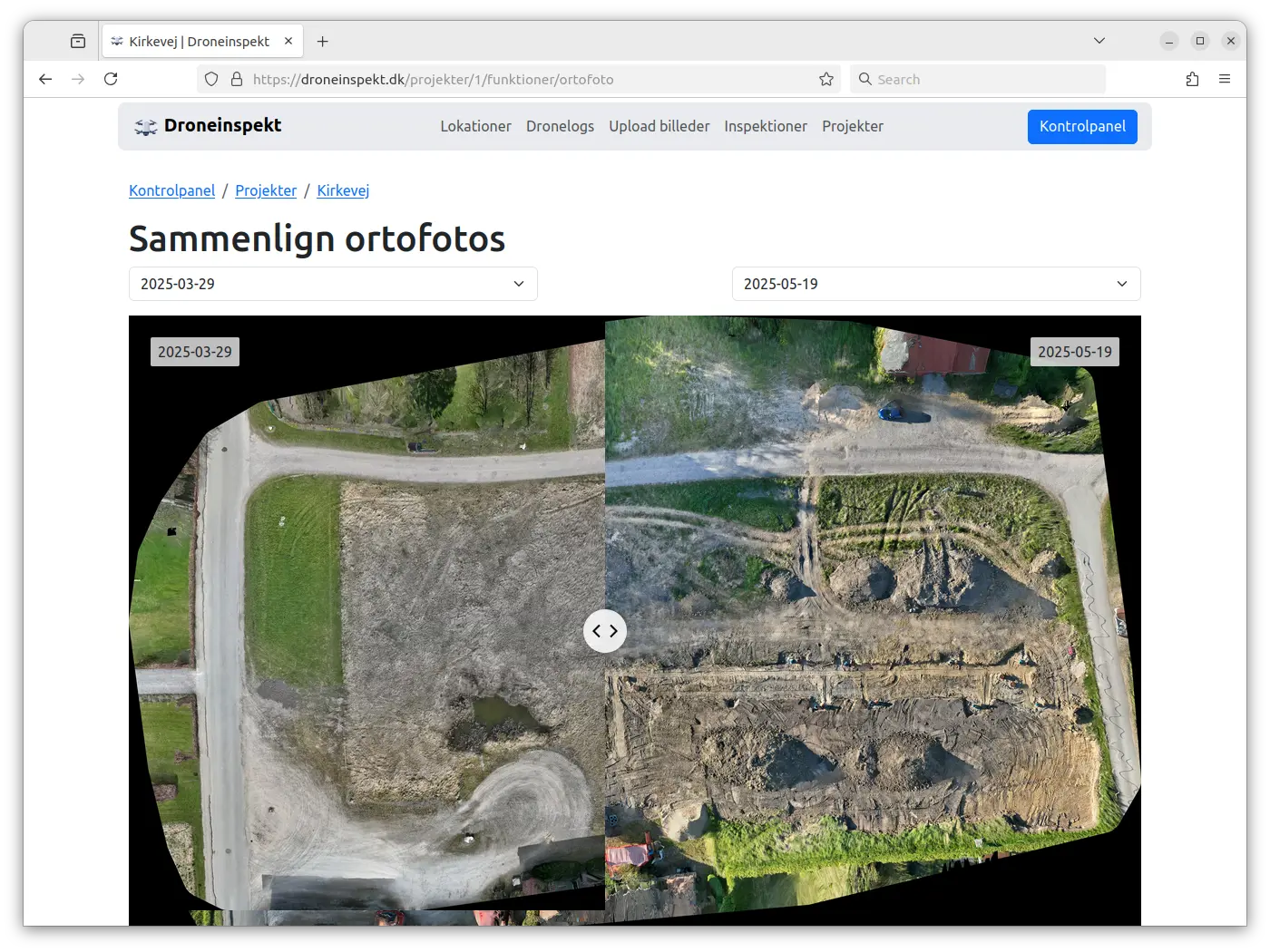 Sammenligning af ortofotos fra to droneinspektioner med en før-og-efter-slider, der viser visuelle ændringer i det samme område over tid.